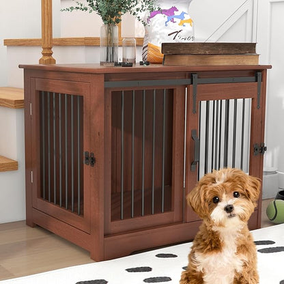 TAOHFE Solid Wood Dog Crate Furniture, Dog Kennel Indoor for Small Dogs with 2 Types Doors, Solid Wood Small Dog Crates Farmhouse Style, Dog Kennel Furniture for Dogs to Play & Rest