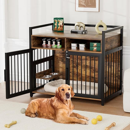 IDEALHOUSE Dog Crate Furniture, 48 Inch Dog Cage with 2 Open Storage Shelves, Wooden Dog Kennel with Adjustable Raised Feeders, Indoor Heavy Duty Metal End Table Dog Crate for Large Medium Dogs