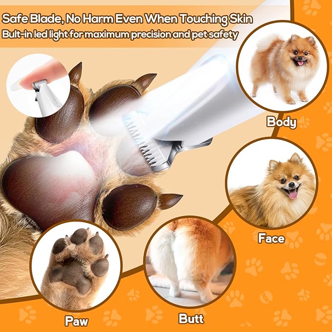 Dog Paw Trimmer for Grooming, 2 in 1 Dog Nail Trimmer with Light, Electric Dog Paw Hair Trimmer, Quiet Dog Clippers Grooming Kit, Paw Shavers for Dogs Feet, Safe Dog Nail Trimmer for Small Large Dogs