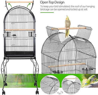 Yaheetech 59-Inch Rolling Standing Medium Dome Open Top Bird Cage for Parrots Cockatiels Sun Conures Parakeets Lovebirds Budgies Finches Canary Pet Bird Cage with Removable Stand