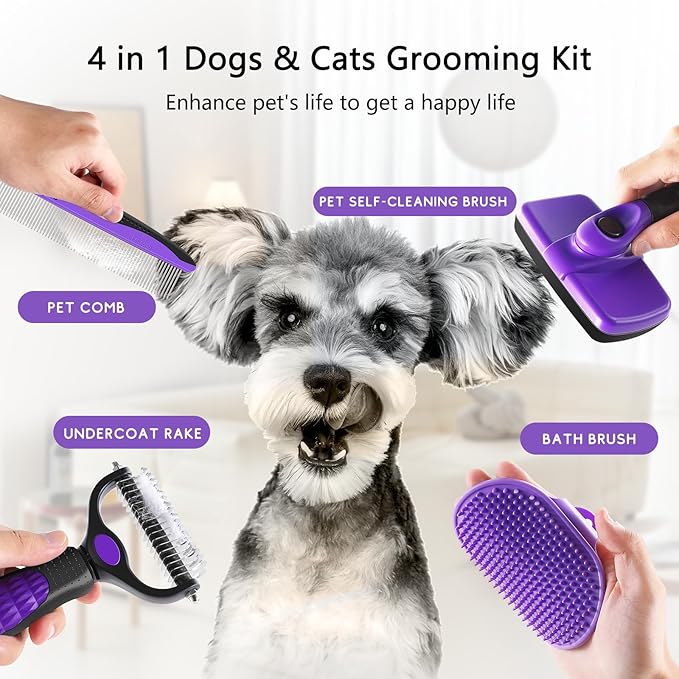 Dog Brush Kit  4-in-1 Grooming Set with Self-Cleaning Slicker Brush & Undercoat Rake for Small, Medium & Large Long-Haired Dogs, Cats & Pets, Reduces Shedding, Tangles & Mats, Easy to Use