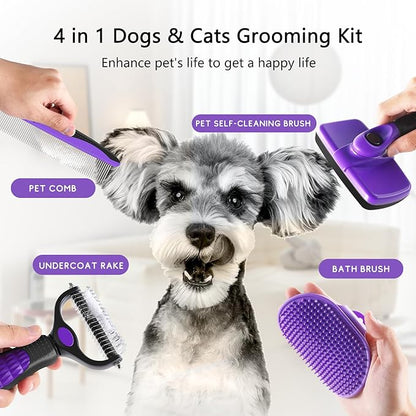 Dog Brush Kit  4-in-1 Grooming Set with Self-Cleaning Slicker Brush & Undercoat Rake for Small, Medium & Large Long-Haired Dogs, Cats & Pets, Reduces Shedding, Tangles & Mats, Easy to Use