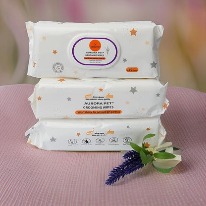 Aurora Pet Wipes – 100% Natural, Plant-Based Hypoallergenic Grooming Wipes for Dogs & Cats – Extra-Durable, Large & Thick for Effortless Cleaning (Lavender, 200 Count)