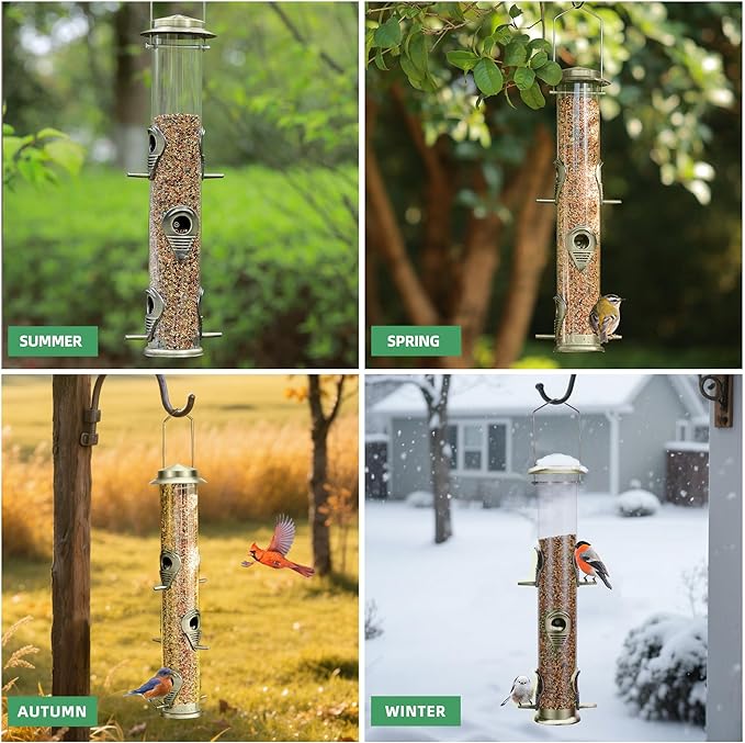 MIXXIDEA 2PK Metal Bird Feeders with 6 Feeding Ports,Tube Bird Feeder with Steel Hanger,Hard Plastic Wild Bird Feeder for Outdoors Hanging, Attracting Birds in Your Lawn, Garden, Balcony (Bronze)