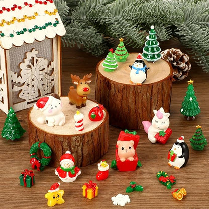 56Pcs Miniature Christmas Figurines, Xmas Mini Resin Figures Santa Elk Penguin Snowflake Tiny Ornaments for Snowglobe DIY Christmas Village Dollhouse Decor