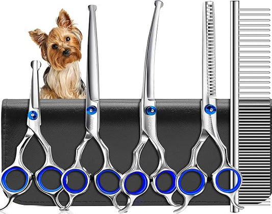 6 in 1 Professional Dog Grooming Scissors Set Pet Hair Cutting Shears Kit, Stainless Steel with Safe Rounded Tips for Dog Cat Other Animals, Right Left Handed