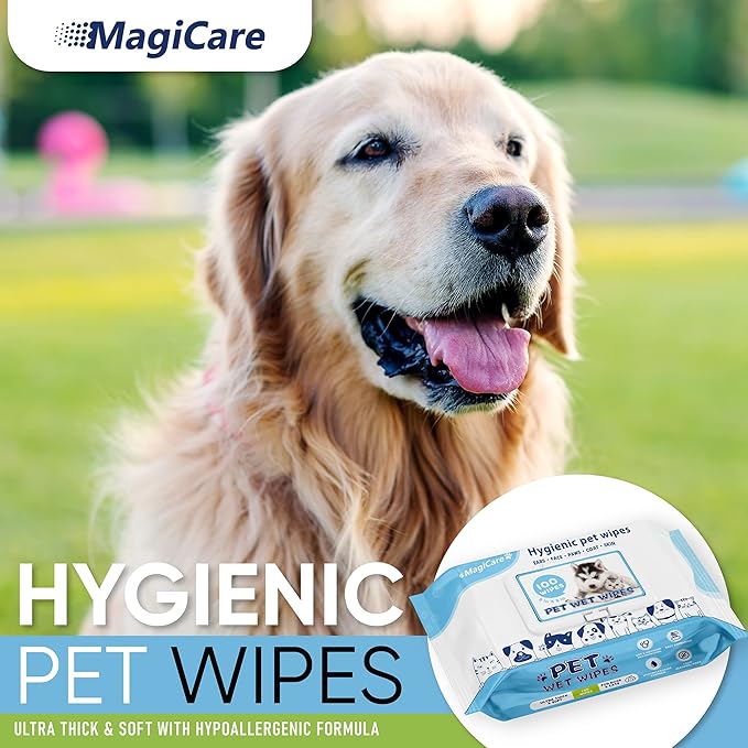 MAGICARE Pet Wipes  100 pcs Dog Wipes  8x8 Inch Unscented Dog Paw Cleaner Wipes for Body, Ears, Face, and Skin  Ultra Thick and Soft with Hypoallergenic Formula  Ideal Pet Wipes for Dogs & Cats