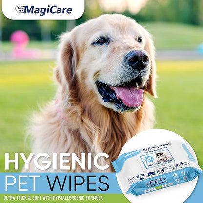 MAGICARE Pet Wipes  100 pcs Dog Wipes  8x8 Inch Unscented Dog Paw Cleaner Wipes for Body, Ears, Face, and Skin  Ultra Thick and Soft with Hypoallergenic Formula  Ideal Pet Wipes for Dogs & Cats