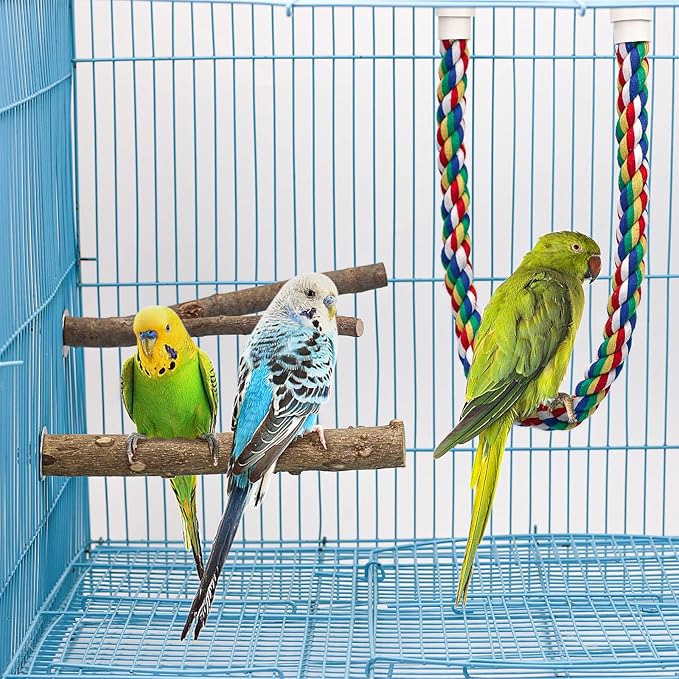 Bird Perch 5PCS Natural Wood Stand Parrot Toy and 1PC Bird Rope Perches for Parrots, Cockatiels, Parakeets, Budgie,Finches