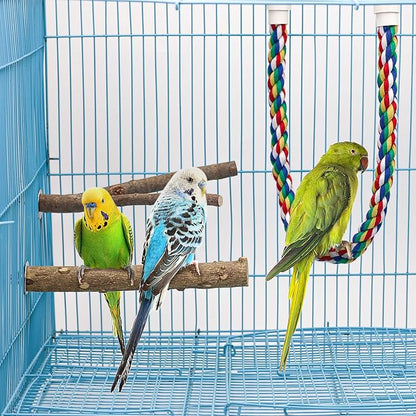 Bird Perch 5PCS Natural Wood Stand Parrot Toy and 1PC Bird Rope Perches for Parrots, Cockatiels, Parakeets, Budgie,Finches