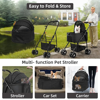 Pet Stroller 3 in 1 Folding Lightweight Dog Stroller with Detachable Carrier & Storage Basket, Premium 4 Wheels Travel Stroller for Small/Medium Pet (Black)