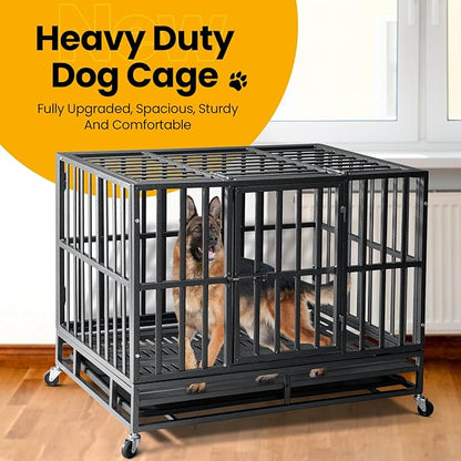 38 inch Heavy Duty Indestructible Dog Crate,2025 New Upgraded Reinforced Baseplate for Large Dogs,XL Dog Kennel Indoor for High Anxiety Dogs/Max Load Capacity 200lbs/Double Door with Wheels