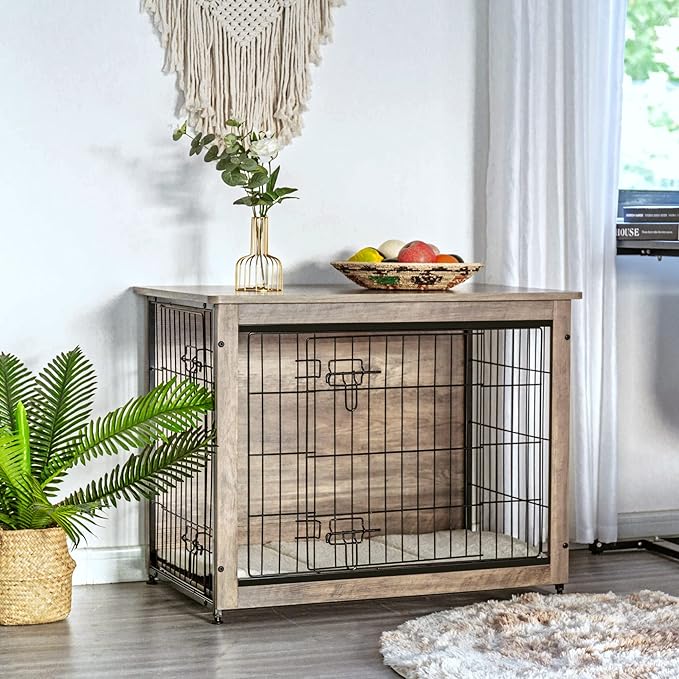 DWANTON Dog Crate Furniture with Cushion, Wooden Dog Crate with Double Doors, Dog Furniture, Indoor Dog Kennelï¼_nd Table, Medium, 32.5" L, Greige