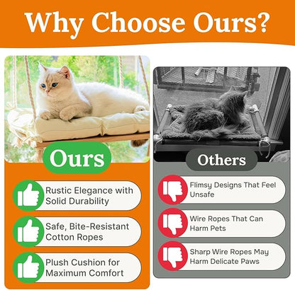 Cat Window Perch - Hammock Bed for Cats Inside - Solid Wood Seat, 4 Strong Suction Cups, Soft Cushion - Rustic Indoor Pet Shelf