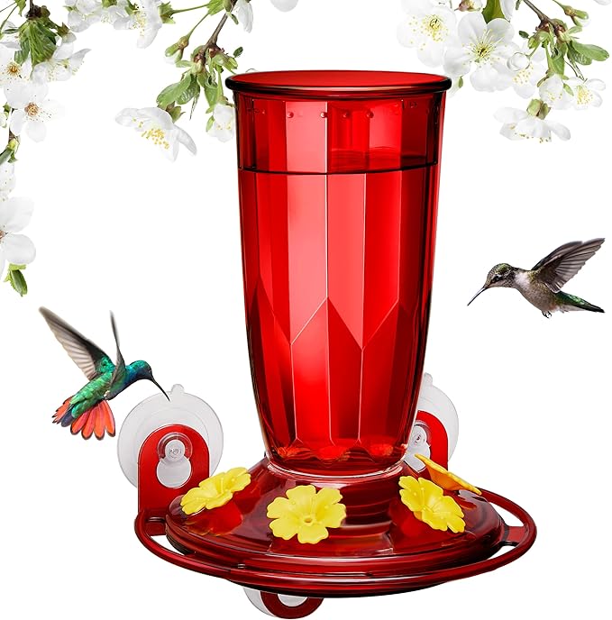Kingsyard Window Hummingbird Feeder for Outside, 14 Oz Hummer Bird Nectar Feeder with 4 Feeding Ports & Circle Perch, Easy to Clean and Refill, Hummingbird Gifts (Red)