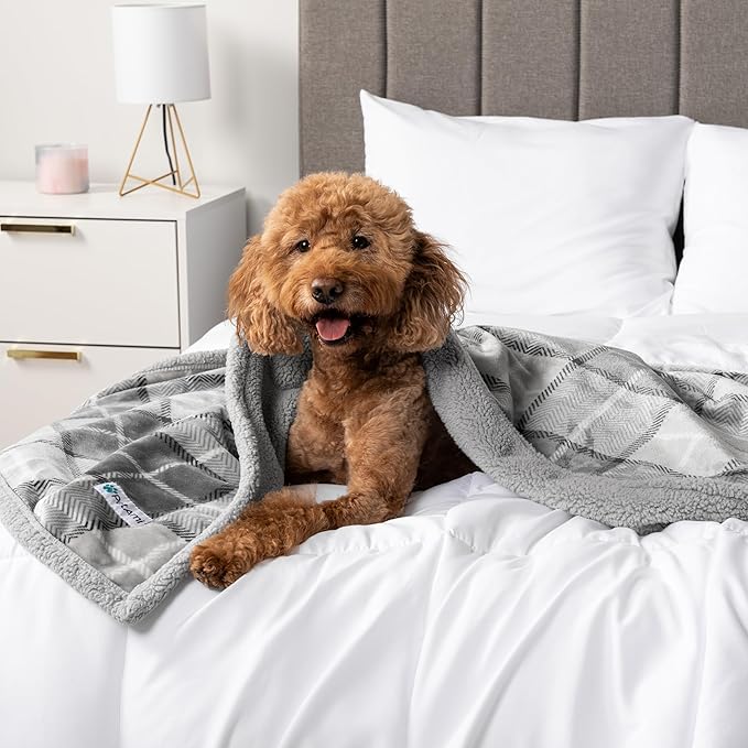 PetAmi Waterproof Dog Blanket for Small Medium Dog, Pet Puppy Blanket Couch Cover Protection, Sherpa Fleece Cat Blanket Sofa Bed Furniture Protector Reversible Soft Washable 29x40 Plaid Light Grey