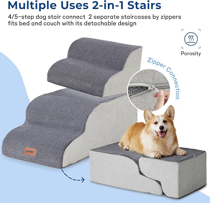 Dog Stairs for Small Dogs - Pet Stairs for Couch and Bed, 35D Foam Dog Steps with Non-Slip Bottom Dog Ramp Grey, 3 Steps