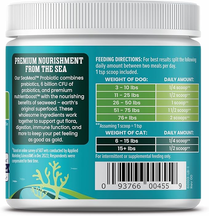 Solid Gold SeaMeal Cat Probiotic & Dog Probiotics for Digestive Health - Kelp Powder Dog & Cat Multivitamin Supplement w/Prebiotics & Digestive Enzymes for Skin, Coat, & Gut + Immune Support - 3.5oz