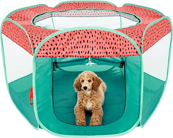 Furhaven Portable Dog Playpen Cat Tent, Pet Playground/Kennel Foldable Indoor Outdoor Zippered Puppy Crate - Green & Pink, Extra Large