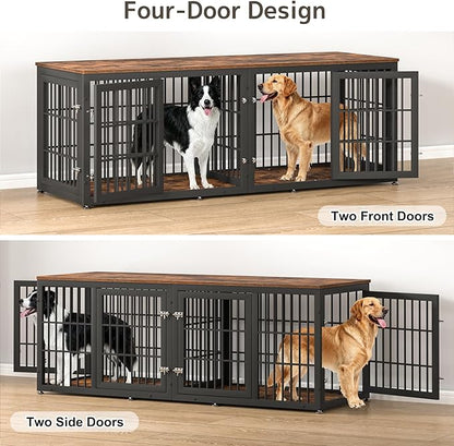 78 Inch Double Dog Crate Furniture, Heavy Duty Extra Large Cage Furniture with Divider for 2 Dogs, Decorative Wooden Kennel Furniture Indoor, Metal Pet House for Large and Medium Dogs