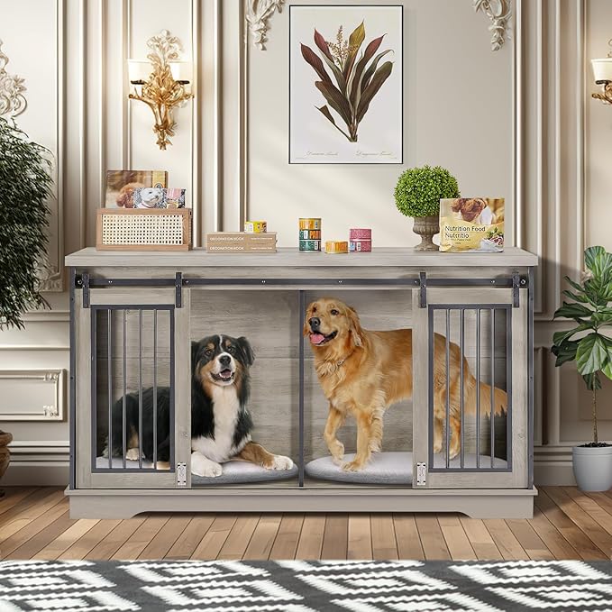 60.6 Inch Double Dog Crate Furniture, 2-in-1 Dog Kennel Furniture with 2 Sliding Doors and Thick Iron, Wooden Large Dog Crate with Divider for 2 Dogs