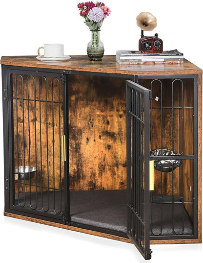 VECELO Corner Dog Crate Furniture, 43.3" Indoor Dog Kennel Indoor with Cushion & 2 Removable Trays, Wooden Dog Cage Decorative Pet House End Table for Large/Medium Dogs,Brown