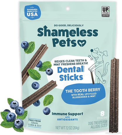 Shameless Pets Toothberry Dental Chews for Dogs – Natural Dog Dental Sticks for Fresh Breath, Teeth Cleaning & Removes Tartar, Grain-Free Dog Treats, No Corn or Soy