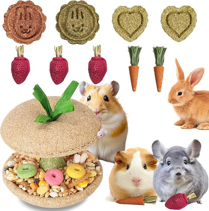 10 PCS Hamster Chew Toys, Guinea Pig Chew Toys for Teeth Natural Timothy Chinchilla Treats Apple Core, Grass Cake, Carrot and Strawberry for Gerbil, Rat, Rabbit and Small Animal Dental Care