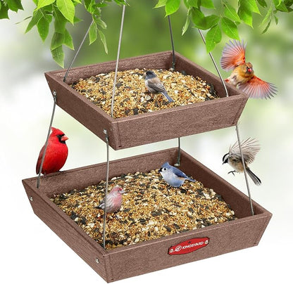 Kingsyard 2 Tier Platform Bird Feeder for Outdoors Hanging, Recycled Plastic Flat Bird Feeder Tray with Large Capacity 5 lbs, Garden Decoration Attracting Cardinal Bluebird Blue Jay, Brown