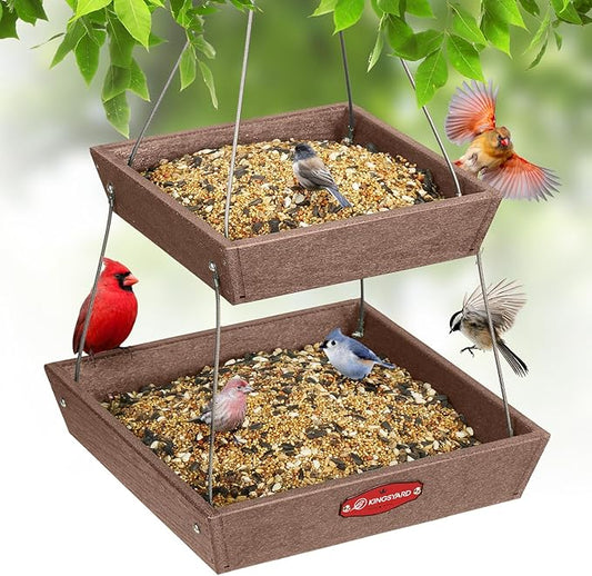 Kingsyard 2 Tier Platform Bird Feeder for Outdoors Hanging, Recycled Plastic Flat Bird Feeder Tray with Large Capacity 5 lbs, Garden Decoration Attracting Cardinal Bluebird Blue Jay, Brown