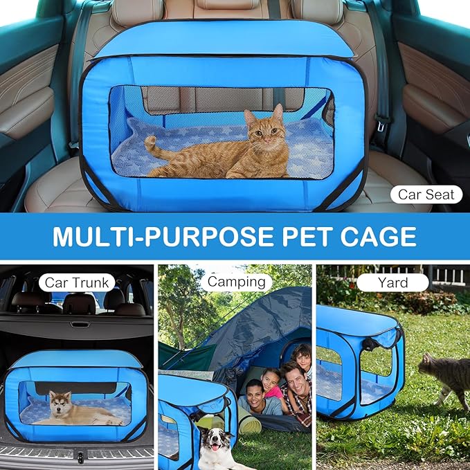 37 Inch Collapsible Dog Crate with Mat Liner Pop up Dog Kennel Waterproof Portable Car Seat Kennel Travel Crate for Pet Indoor Outdoor Cat Bed Collection(Blue)