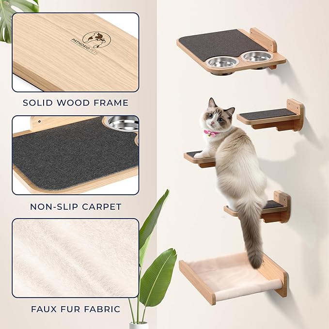 Space-Saving Cat Wall Shelves – Interactive Cat Wall Climber with Hammock & Dog Proof Feeding Station for All Indoor Breeds – Solid Natural Wood with Gray Carpet