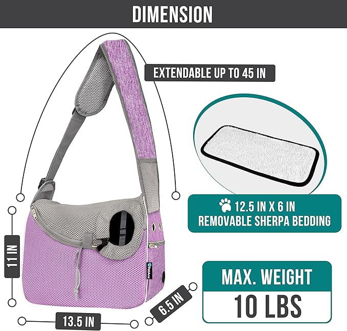 PetAmi Small Dog Sling Carrier, Soft-Sided Crossbody Puppy Carrying Purse Bag, Adjustable Sling Pet Pouch to Wear Medium Dog Cat Travel, Dog Bag for Traveling, Breathable, Poop Bag Dispenser, Purple