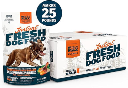 Bully Max Instant Fresh Wet Dog Food - Nutrient-Rich Dehydrated Raw Dog Food with Natural Chicken Recipe - 10 Bags of 15 oz Pouches, Wet Dog Food Alternative - Makes 25 lbs. of Wet Food