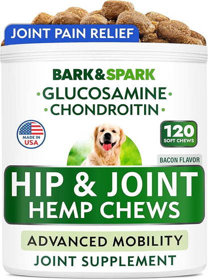 BARK&SPARK Advanced Hemp Chews for Dog Joint Pain Relief - Glucosamine Chondroitin Hemp Treats Hip Joint Health - Joint Supplement Large Breed & Small - Treats Joints Old Senior Dog (120Ct/Bacon)