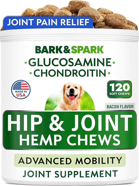BARK&SPARK Advanced Hemp Chews for Dog Joint Pain Relief - Glucosamine Chondroitin Hemp Treats Hip Joint Health - Joint Supplement Large Breed & Small - Treats Joints Old Senior Dog (120Ct/Bacon)