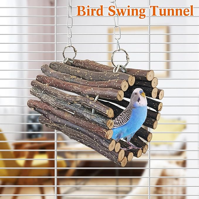 BNOSDM Wooden Bird Tunnel Parrot Swing Toys Natural Fruitwood Hanging Nest Parrot Hammock Bird Cage Accessories for Conures, Parakeets, Budgies, Finches, Cockatiels, Lovebirds (S)