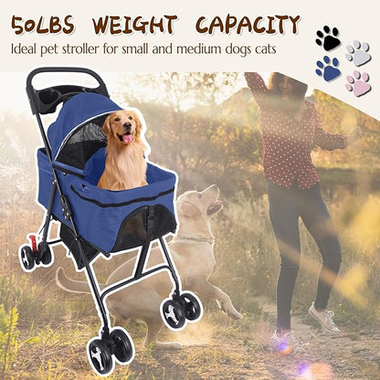 3 in 1 Dog Stroller, 4 Wheels Pet Stroller Dog Cat Stroller for Medium Small Dog Cats Up to 50lbs, Foldable Carrier Jogger Travel Puppy Stroller with Cup Holder & Breathable Mesh, Blue