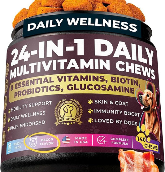 24-in-1 Complete Daily Dog Multivitamin Chews  Bacon Flavor  All-in-One Support for Joints, Skin, Coat, Digestion & Immunity with Glucosamine & Omega-3 (140 Chews)