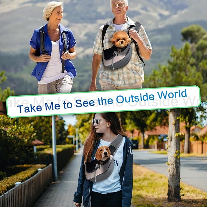 Dog Sling Carrier Pet Puppy Sling Bag Small Dogs Cats Carrier Hand Free Dog Satchel Carrier for Outdoor Travel, Medium, Grey