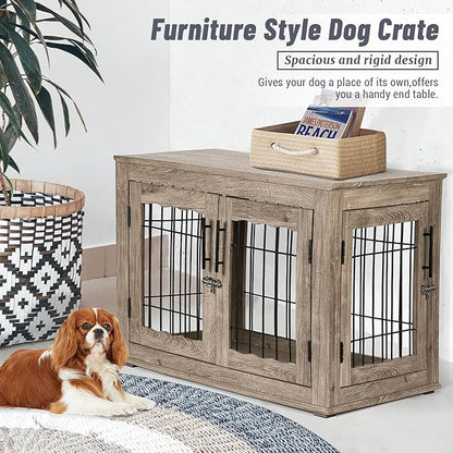 Dog Crate Furniture, 32 inch Medium Dog Crates with Bed Mat, Wooden Dog Kennel Furniture, End Side Table Dog Cage with 3 Doors, Greige