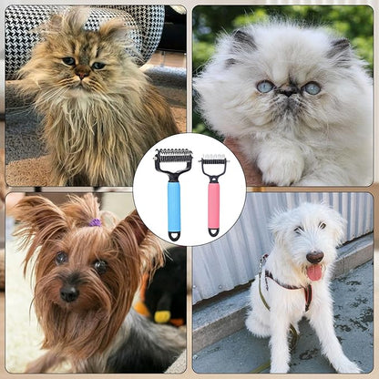 2PCS Pet Safe Dematting Comb for Dogs - Double Sided Dematting,Upgraded Pet Safe Dematting Comb for Dogs Cats, Deshedding Dog Brush Cat Dematting Tool,Dog Hair Mat Remover(Blue-Large + Pink-Small)