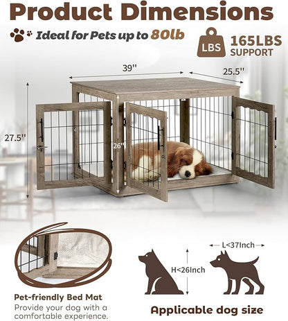 Dog Crate Furniture, 38 inch Large Dog Crates with Bed Mat, Wooden Dog Kennel Furniture, End Side Table Dog Cage with 3 Doors, Greige