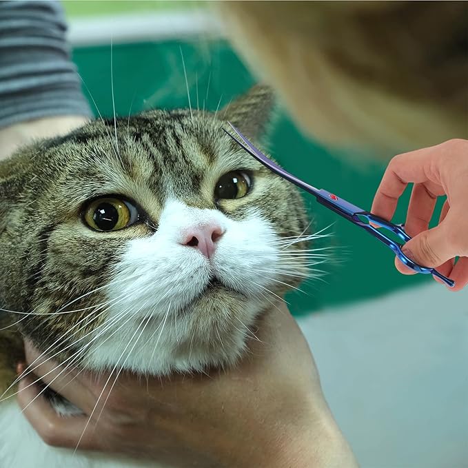 Dog Grooming Scissors, with Ergonomic Handle, Pill Popper for Cats, Upper Bend Shears, Stainless Steel Curved Shears for Dogs Cats, Blue, 7.5inch