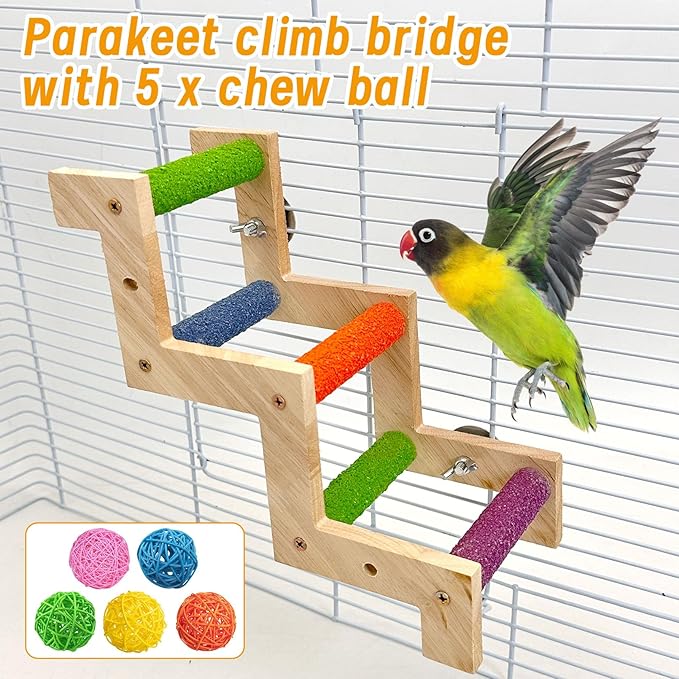 Hamiledyi Nature Wooden Bird Ladder Pet Parrots Climb Bridge Exercise Stands for Parakeet Climbing Chewing Bridge Bird Cage Accessories for Cockatiel Parakeet Lovebirds Budgie