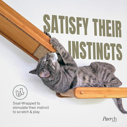 The Play Series – Wall-Mounted Cat Hammock & Two Sisal-Wrapped Shelves – Built for Climbing, Lounging, Scratching, and Play – for Playful, Happy Cats – Modern Bamboo Cat Furniture