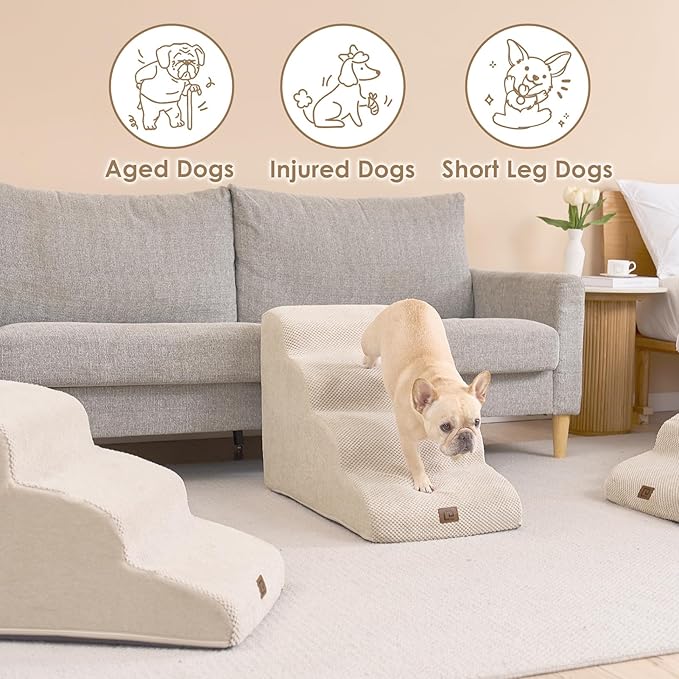 EHEYCIGA Curved Dog Stairs Ramp for High Beds 19.7" H, 4-Step Dog Steps for Small Dogs and Cats, Pet Stairs for High Bed Climbing, Non-Slip Balanced Pet Step Indoor, Beige