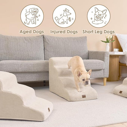 EHEYCIGA Curved Dog Stairs Ramp for High Beds 19.7" H, 4-Step Dog Steps for Small Dogs and Cats, Pet Stairs for High Bed Climbing, Non-Slip Balanced Pet Step Indoor, Beige