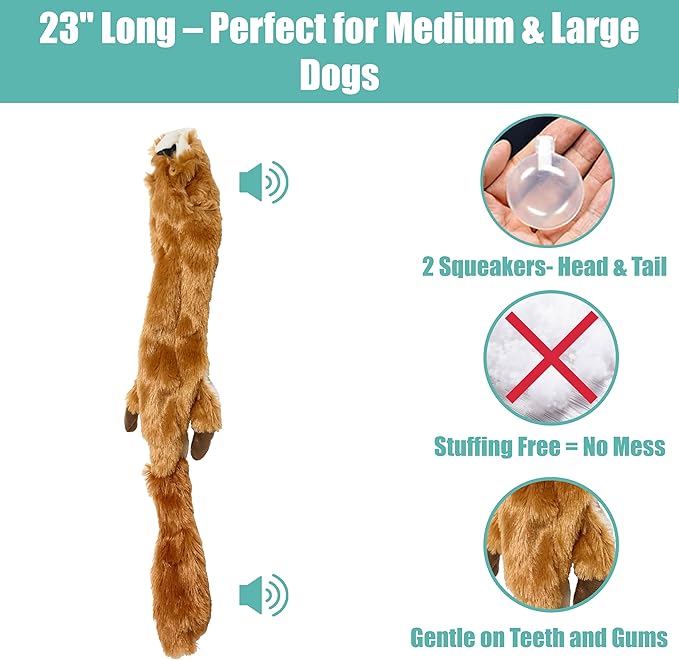 SPOT Skinneeez Squirrel 23-Inch Stuffing-Free Plush Dog Toy – Realistic Design with 2 Squeakers – Durable, Soft Polyester for Medium & Large Dogs – Tug, Fetch & Shake Play – for Moderate Chewers