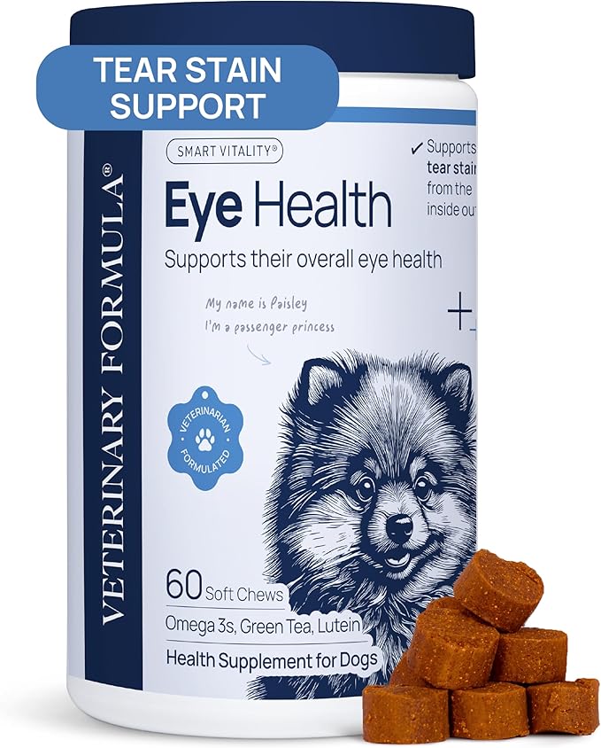 Veterinary Formula Eye Health Supplement for Dogs  Vet-Formulated Tear Stain Chews with Omega 3, Lutein & Cranberry  Smart Vitality Supports Eye Moisture, Stain Reduction & Immunity, 60 Soft Chews